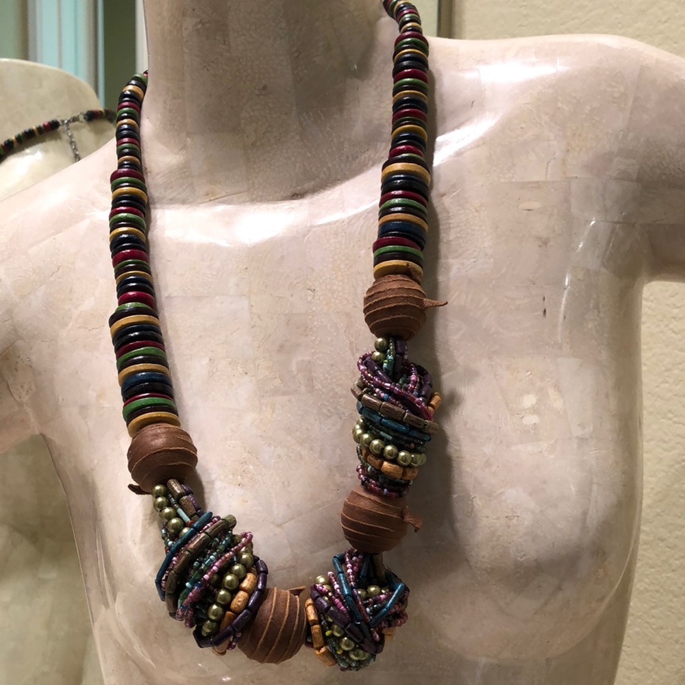 EUC Chunky Beaded Wood & Leather Necklace